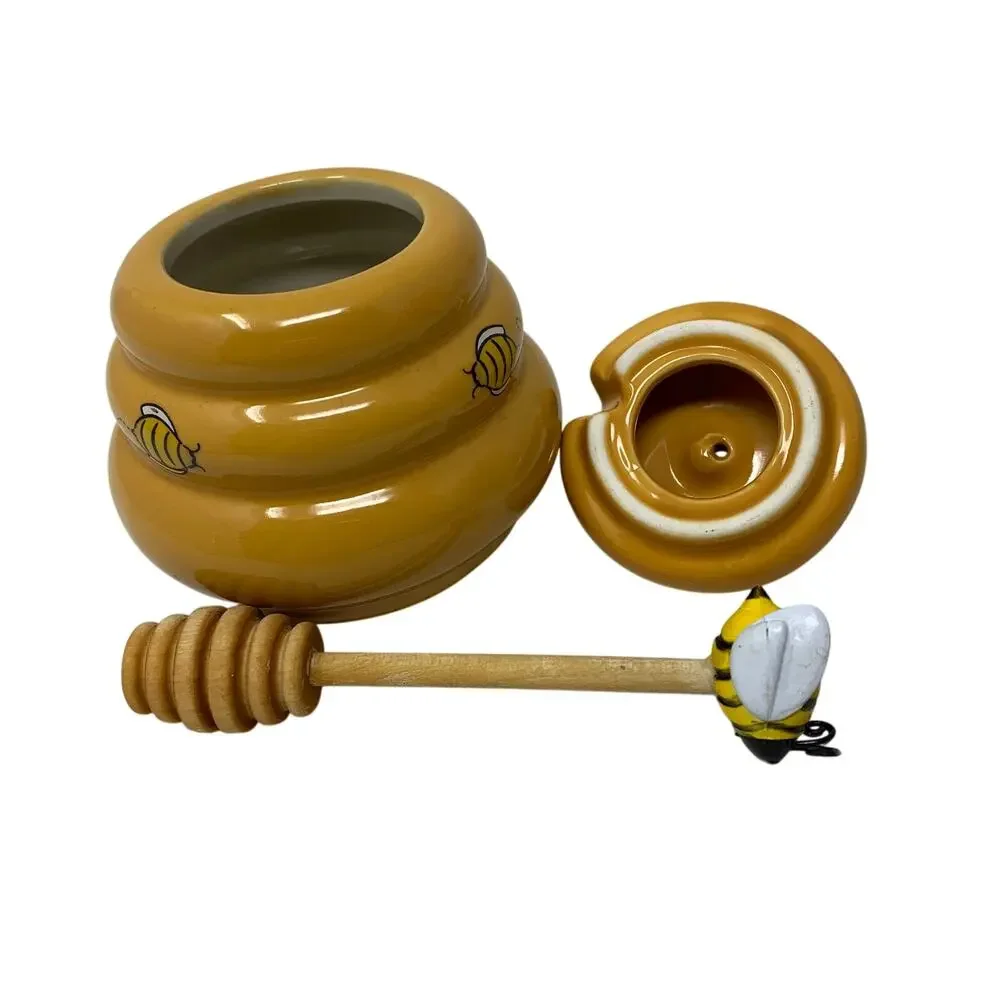 Ceramic Beehive Shaped Honey Pot With Wooden Dipper 5 Oz